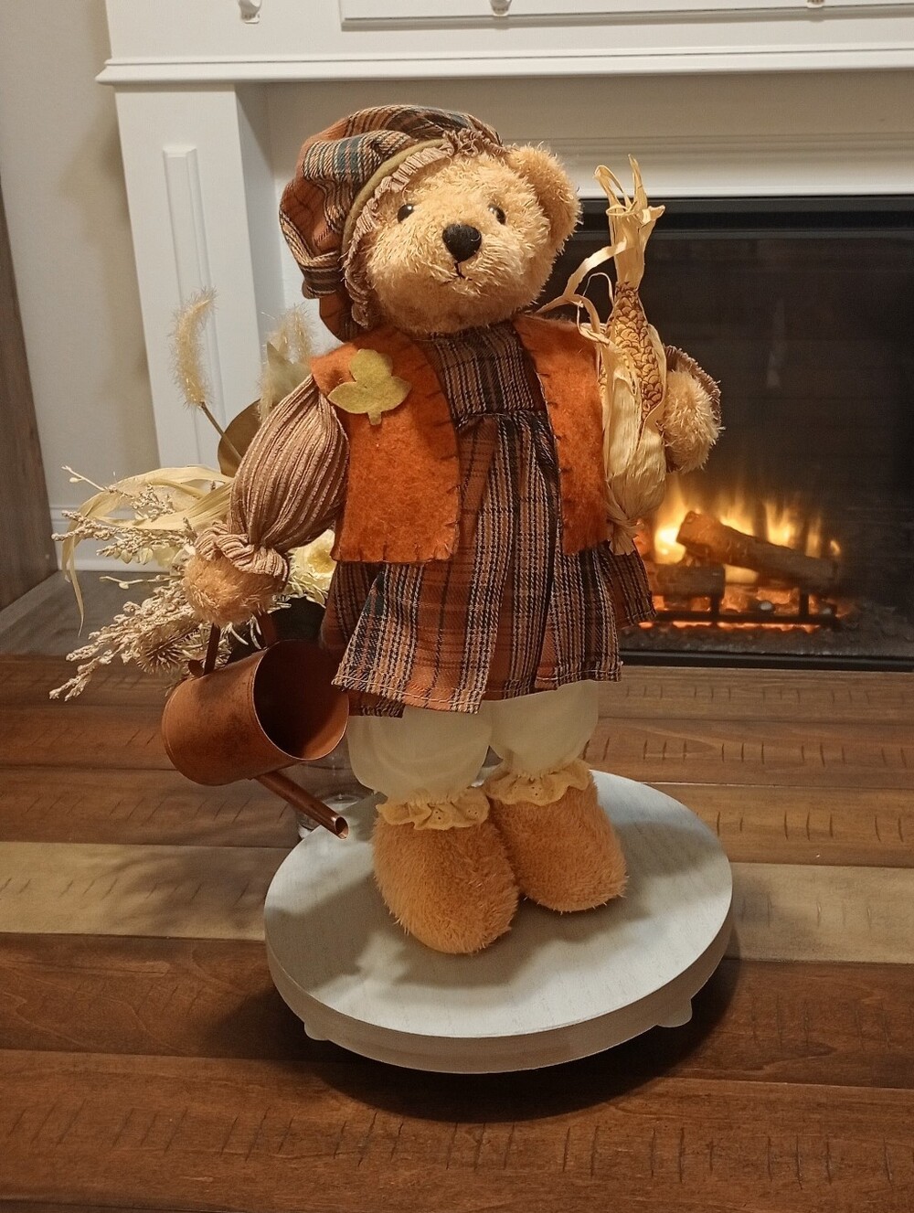 Autumn Harvest Decorative Standing Bear - Orange Plaid Fall Accent
